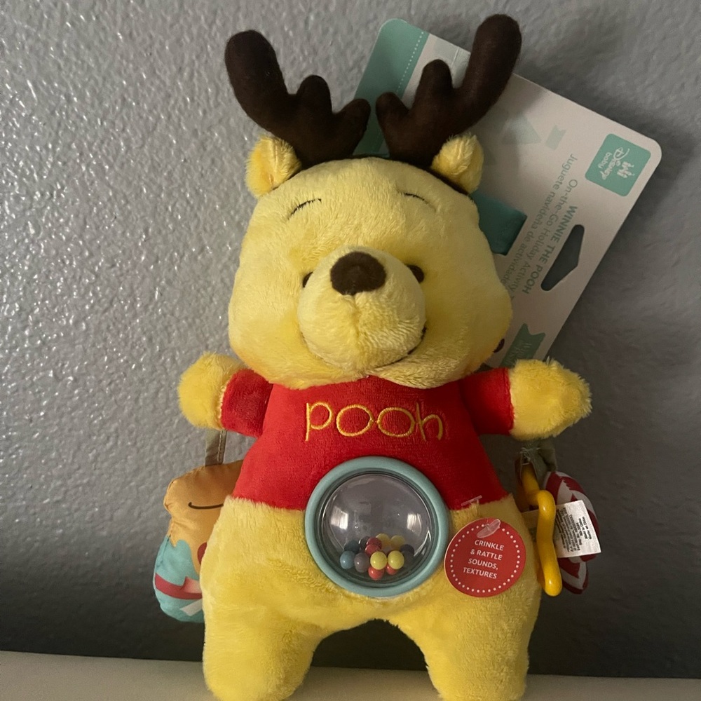 Disney Pooh Bear Plush with Rattle - Yellow and Red